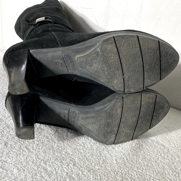 Vintage 90s C La Canadienne Black Suede Round Toe Chunky Heel Knee High Boots 10 - Picture 8 of 14